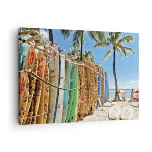 Schilderen op canvas - Surfplanken op een strand met palmbomen - 70x50cm - Zonnig plezier - Moderne wanddecoratie voor woonkamer en slaapkamer ARTTOR