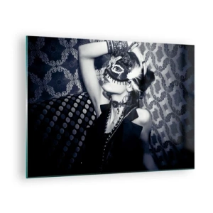 Schilderen op glas - Een gemaskerde figuur tegen een gebloemde muur in tinten zwart en wit - 70x50cm - Decoraties, ornamenten, patronen ... - Moderne wanddecoratie voor woonkamer en slaapkamer ARTTOR