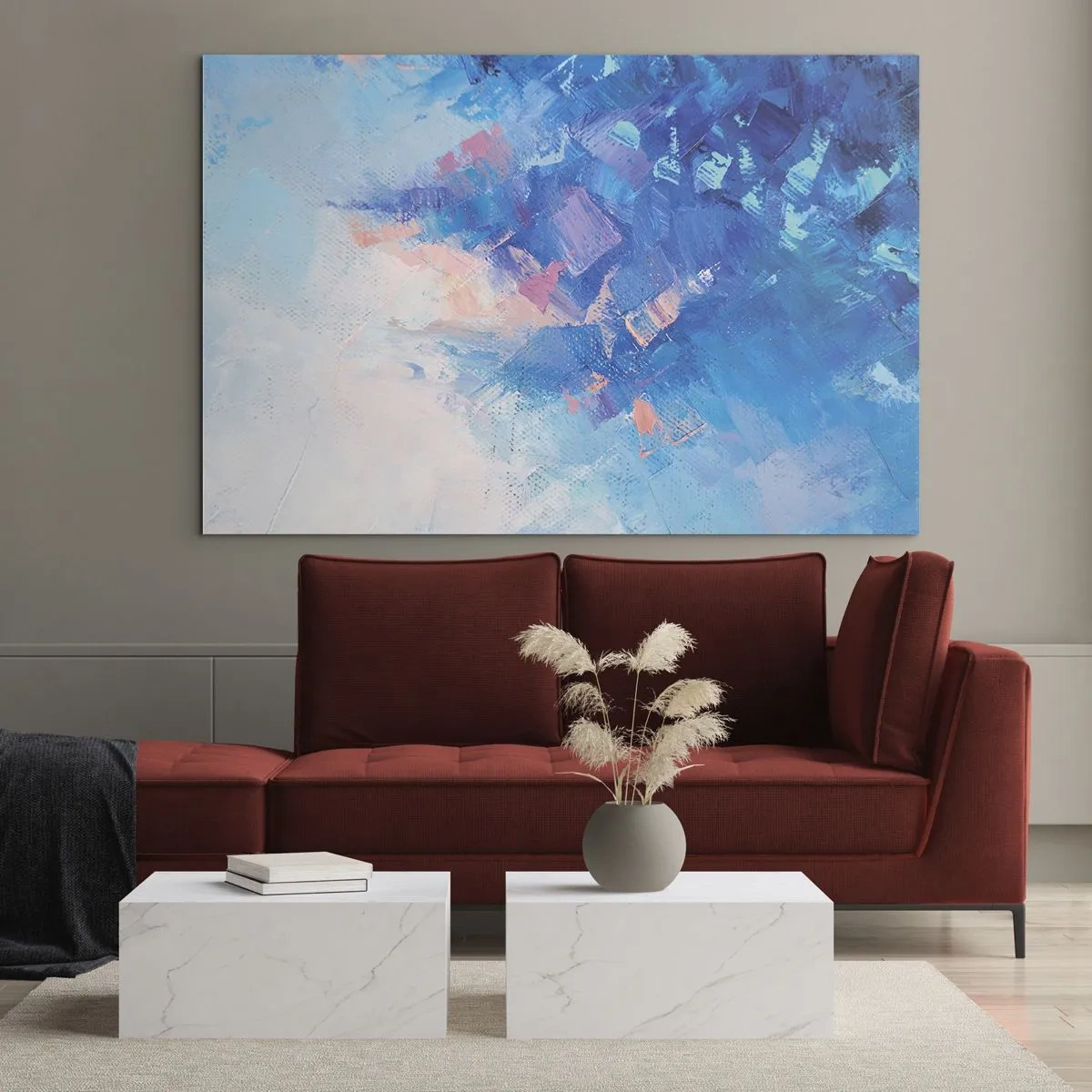 Schilderen op glas - Abstract winterlandschap met koele blauwtinten en zachtroze tinten - 70x50cm - Winter abstractie - Moderne wanddecoratie voor woonkamer en slaapkamer ARTTOR