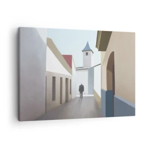 Schilderen op canvas - Een minimalistische straat met een silhouet van een man op de achtergrond - 70x50cm - Een zonnige wandeling - Moderne wanddecoratie voor woonkamer en slaapkamer ARTTOR