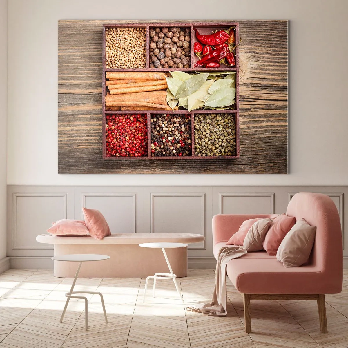Schilderen op glas - Kleurrijke kruiden in houten compartimenten - 70x50cm - Volgorde van vormen, boeket van aroma's - Moderne wanddecoratie voor woonkamer en slaapkamer ARTTOR