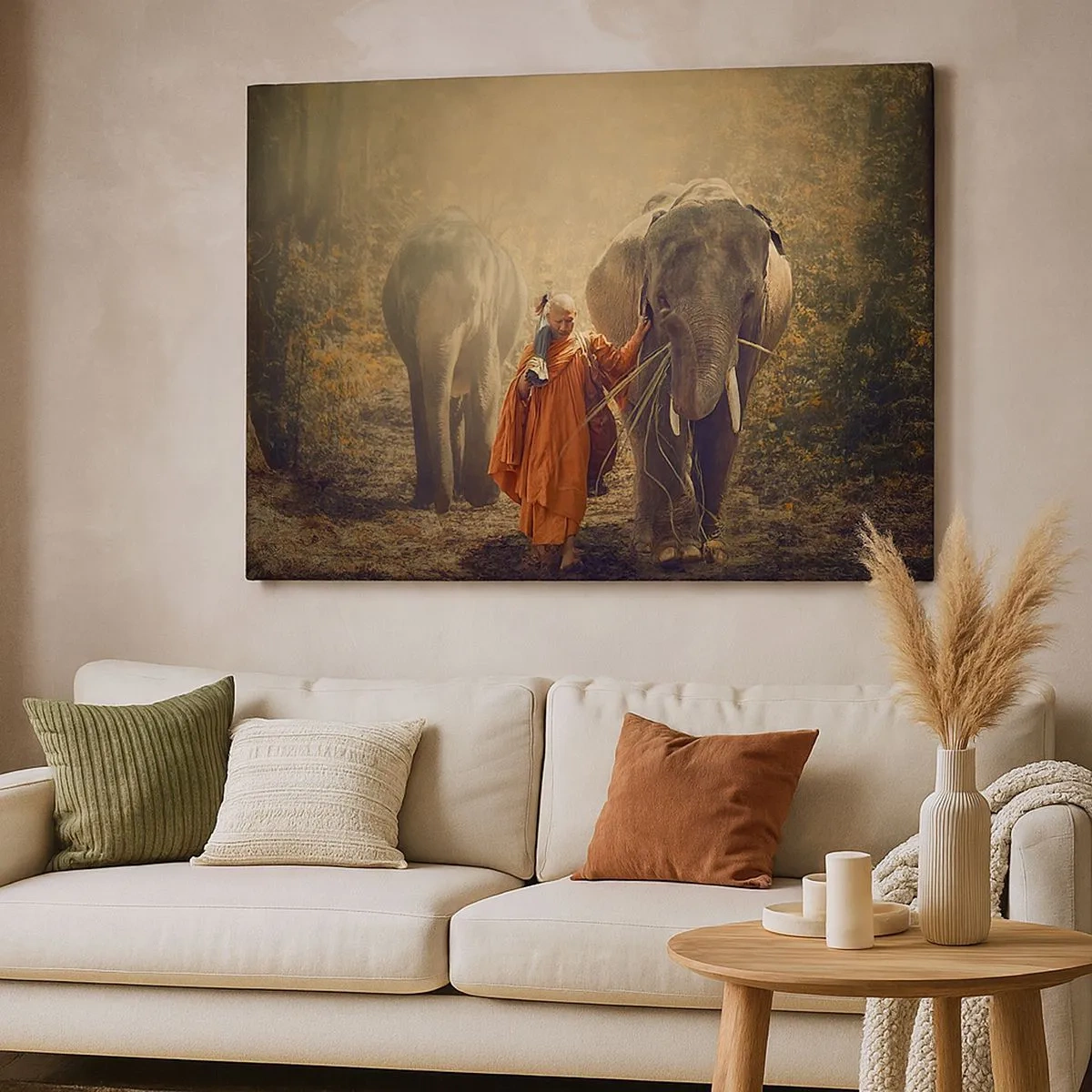 Schilderen op canvas - Een monnik in een oranje gewaad leidt een olifant door het bos. - 70x50cm - Volledig begrip - Moderne wanddecoratie voor woonkamer en slaapkamer ARTTOR