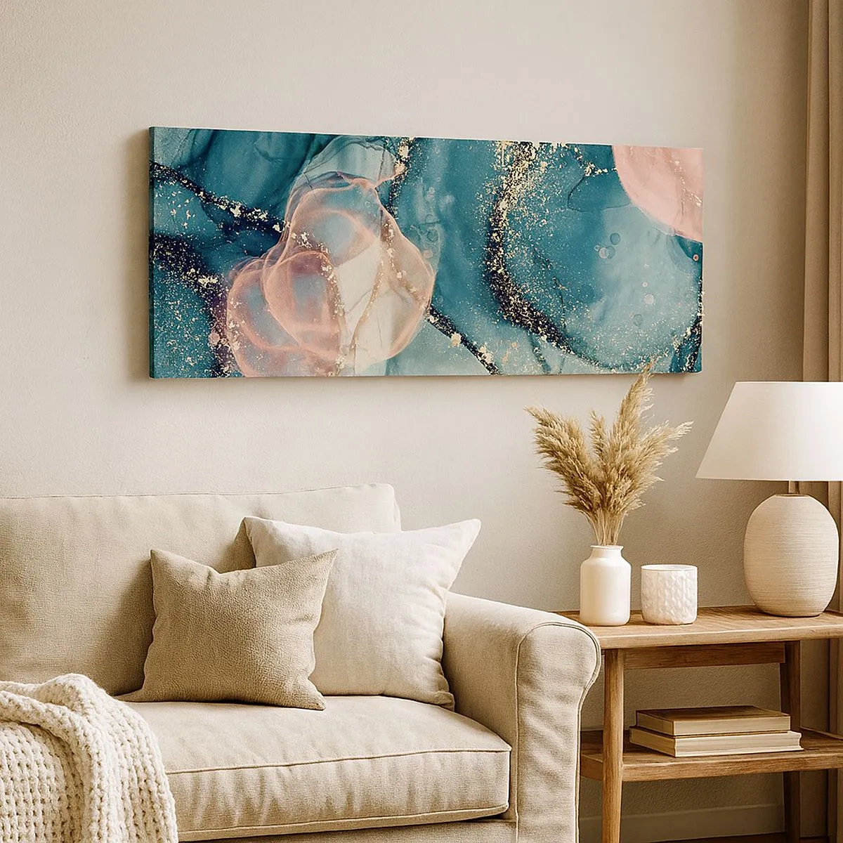 Schilderen op canvas - Zijdeblauw, tule roze - 100x40 cm