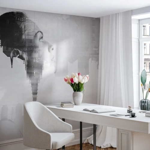 Fotobehang Standard Eco - Aan beide zijden van het glas - Abstractie, Het gezicht van de vrouw, Architectuur - 350x256 cm