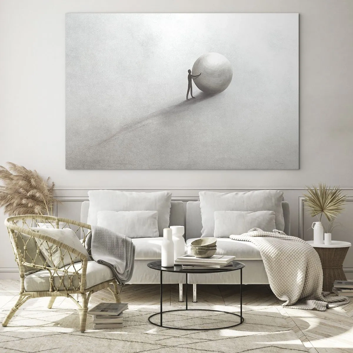Schilderen op glas - Een minimalistisch silhouet van een man met een grote bal op een lichte achtergrond. - 70x50cm - Het spel van het leven - Moderne wanddecoratie voor woonkamer en slaapkamer ARTTOR