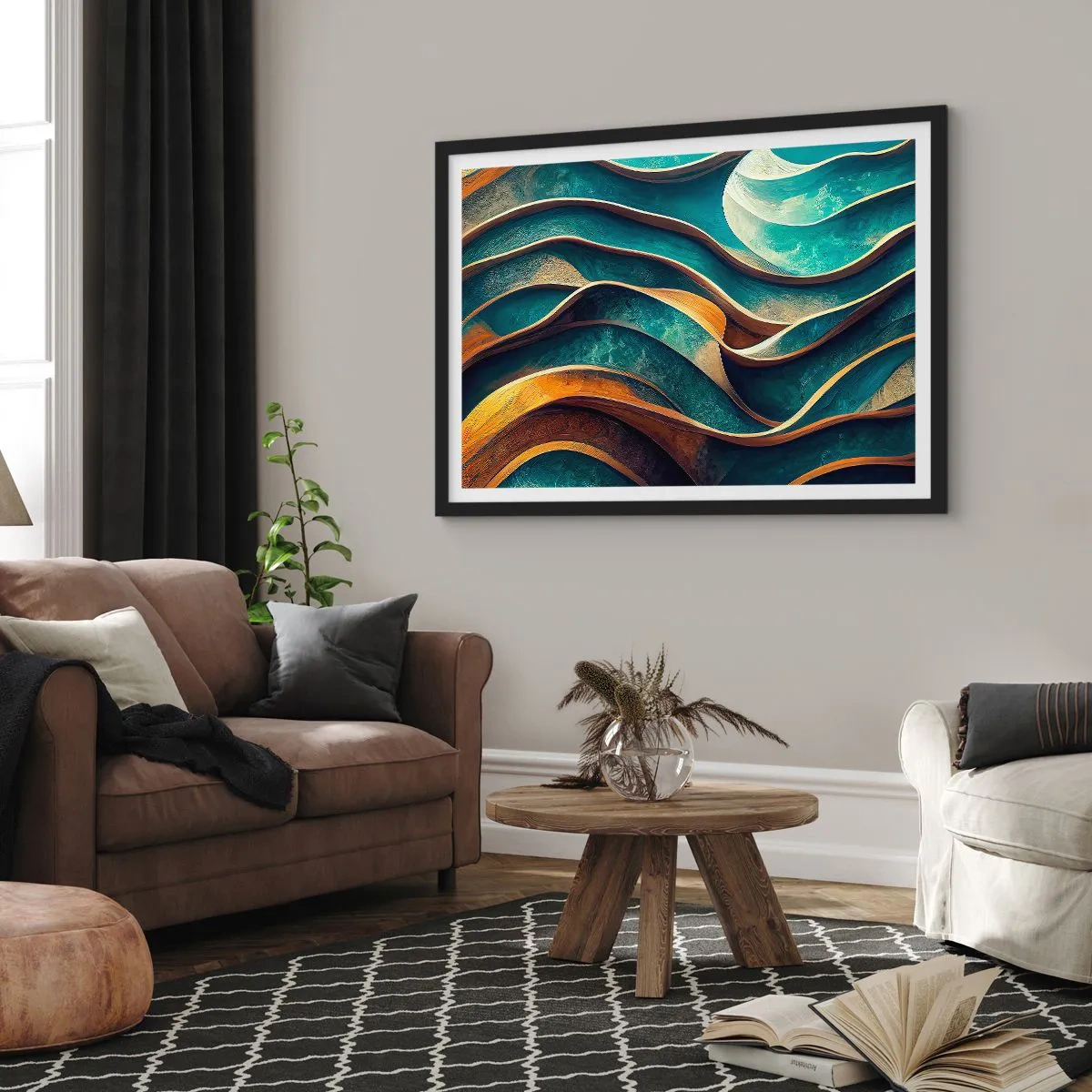 Poster in een zwarte lijst - Meanders van blauw - 70x50 cm