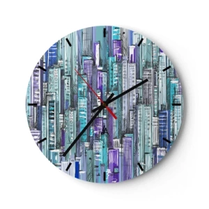 Wandklok - Klok - Grafische wolkenkrabbers in tinten blauw en paars - 30x30cm - Blauwachtig van de hemel - Moderne wanddecoratie voor woonkamer, keuken en slaapkamer ARTTOR