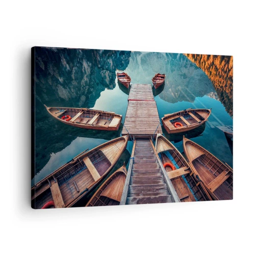Schilderen op canvas - Houten boten op een pier op een bergmeer - 70x50cm - Ik wacht bij de jachthaven - Moderne wanddecoratie voor woonkamer en slaapkamer ARTTOR