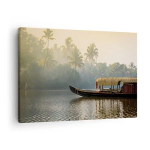 Schilderen op canvas - Een traditionele boot op een kalme rivier tussen palmbomen - 70x50cm - Huis aan de rivier - Moderne wanddecoratie voor woonkamer en slaapkamer ARTTOR