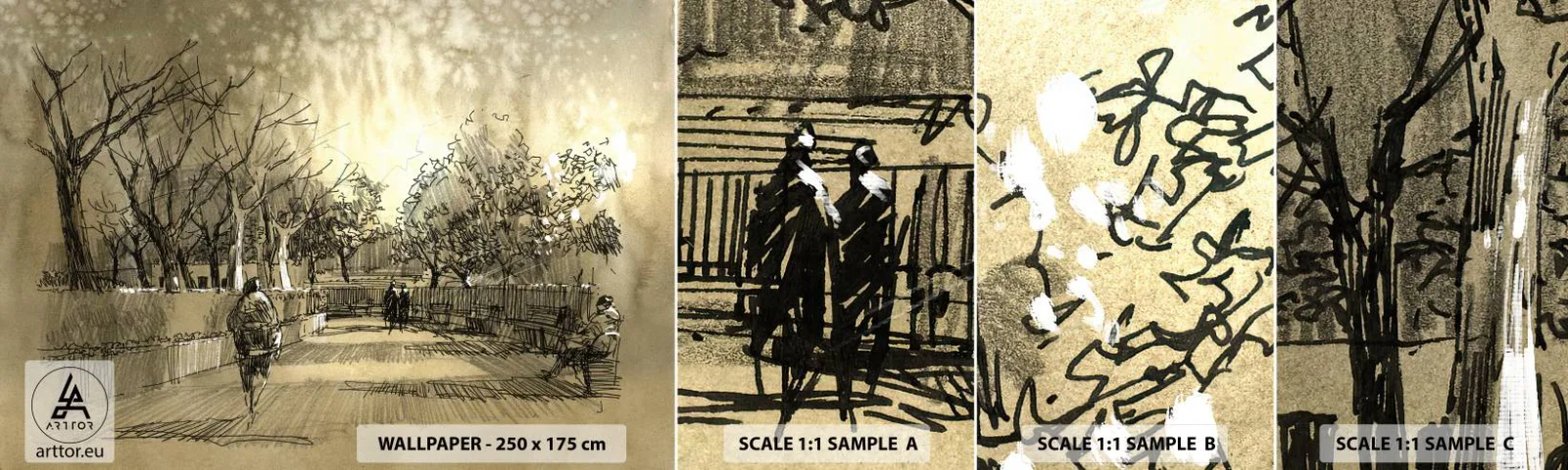 Fotobehang Monster Zelfklevend Deluxe Sticker - Een moment gestopt met een veer - Parksteeg, Park, Sepia - 100x30 cm