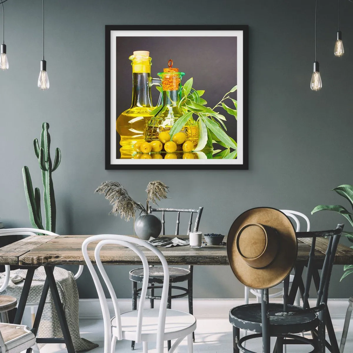 Poster in een zwarte lijst - Stilleven met olijven en olijfolie - 60x60 cm
