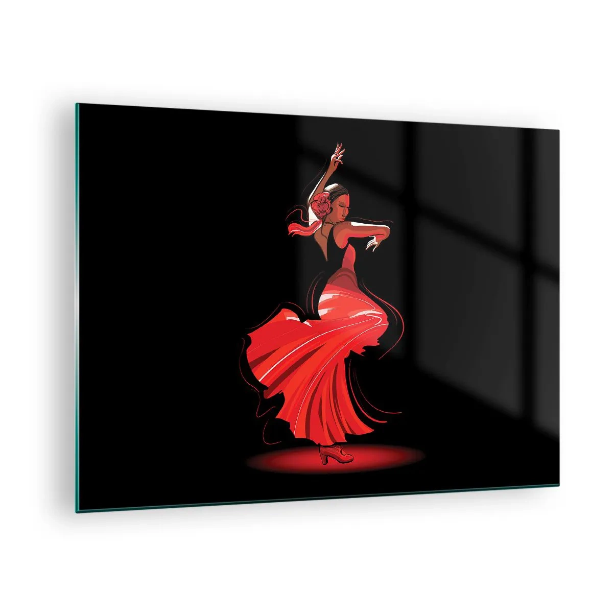 Schilderen op glas - Flamencodanseres in een rode jurk tegen een zwarte achtergrond - 70x50cm - De vurige geest van flamenco - Moderne wanddecoratie voor woonkamer en slaapkamer ARTTOR