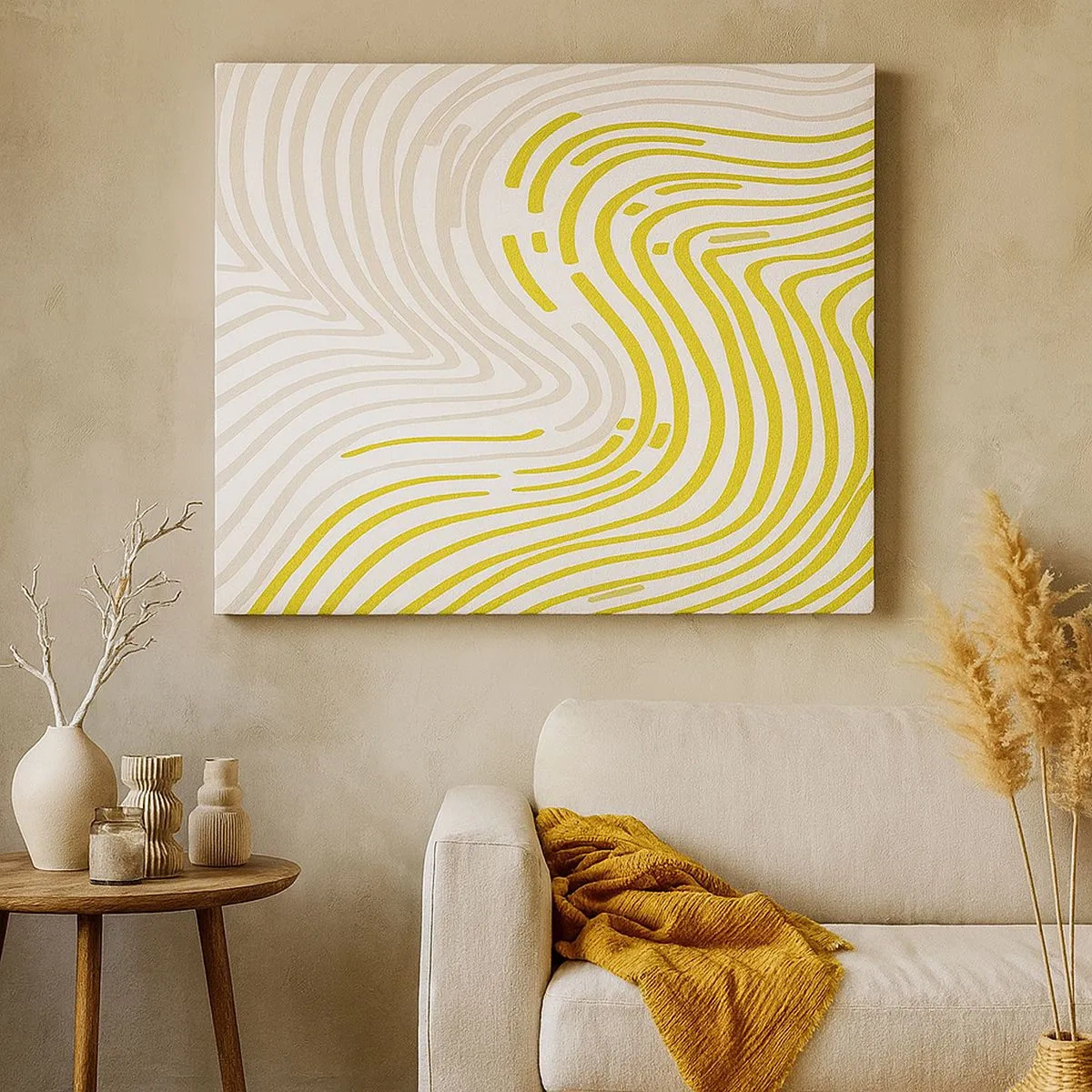 Schilderen op canvas - Een abstract patroon met golvende lijnen in tinten geel en beige. - 70x50cm - Een compositie met een zachte buiging - Moderne wanddecoratie voor woonkamer en slaapkamer ARTTOR