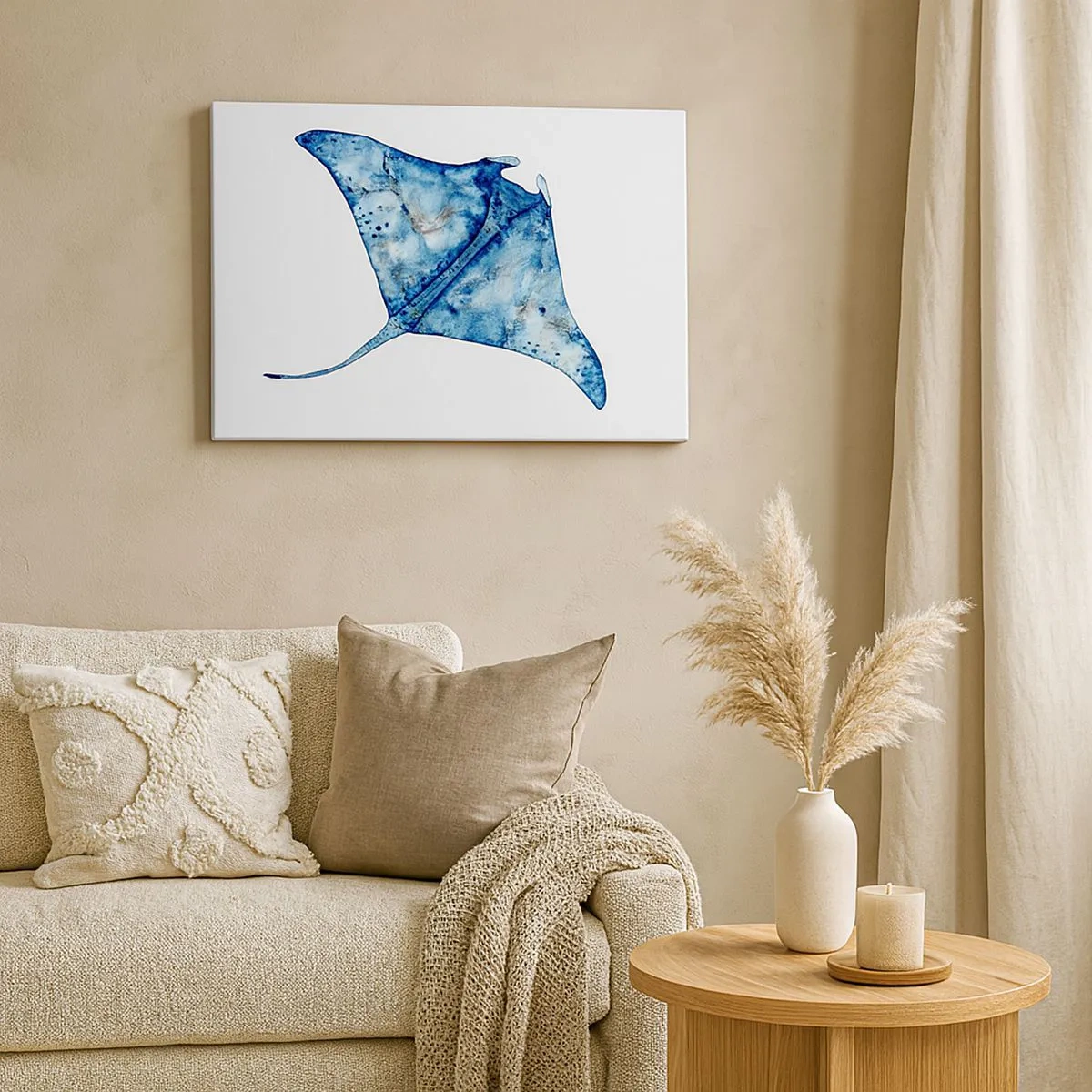 Schilderen op canvas - Blauwe pijlstaartrog in aquarelstijl op witte achtergrond - 70x50cm - Leven in blauw - Moderne wanddecoratie voor woonkamer en slaapkamer ARTTOR