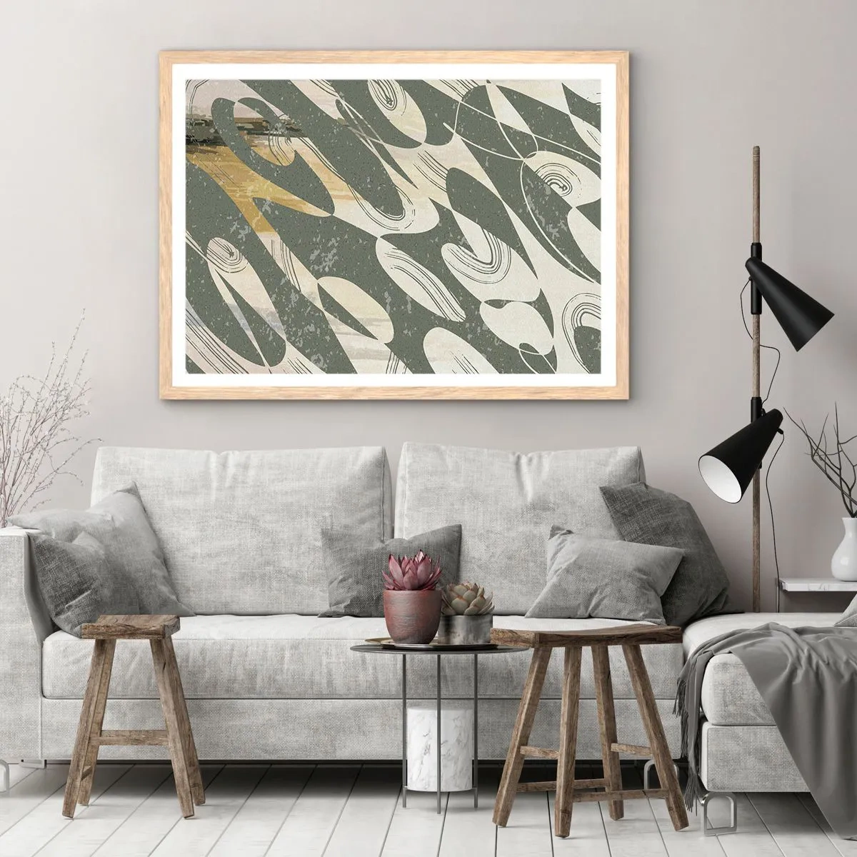 Een poster in een licht eiken lijst - Ritmische abstractie - 70x50 cm