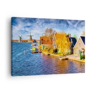 Schilderen op canvas - Pittoreske huizen en molens aan het water - 70x50cm - Eeuwenlang geen verandering - Moderne wanddecoratie voor woonkamer en slaapkamer ARTTOR