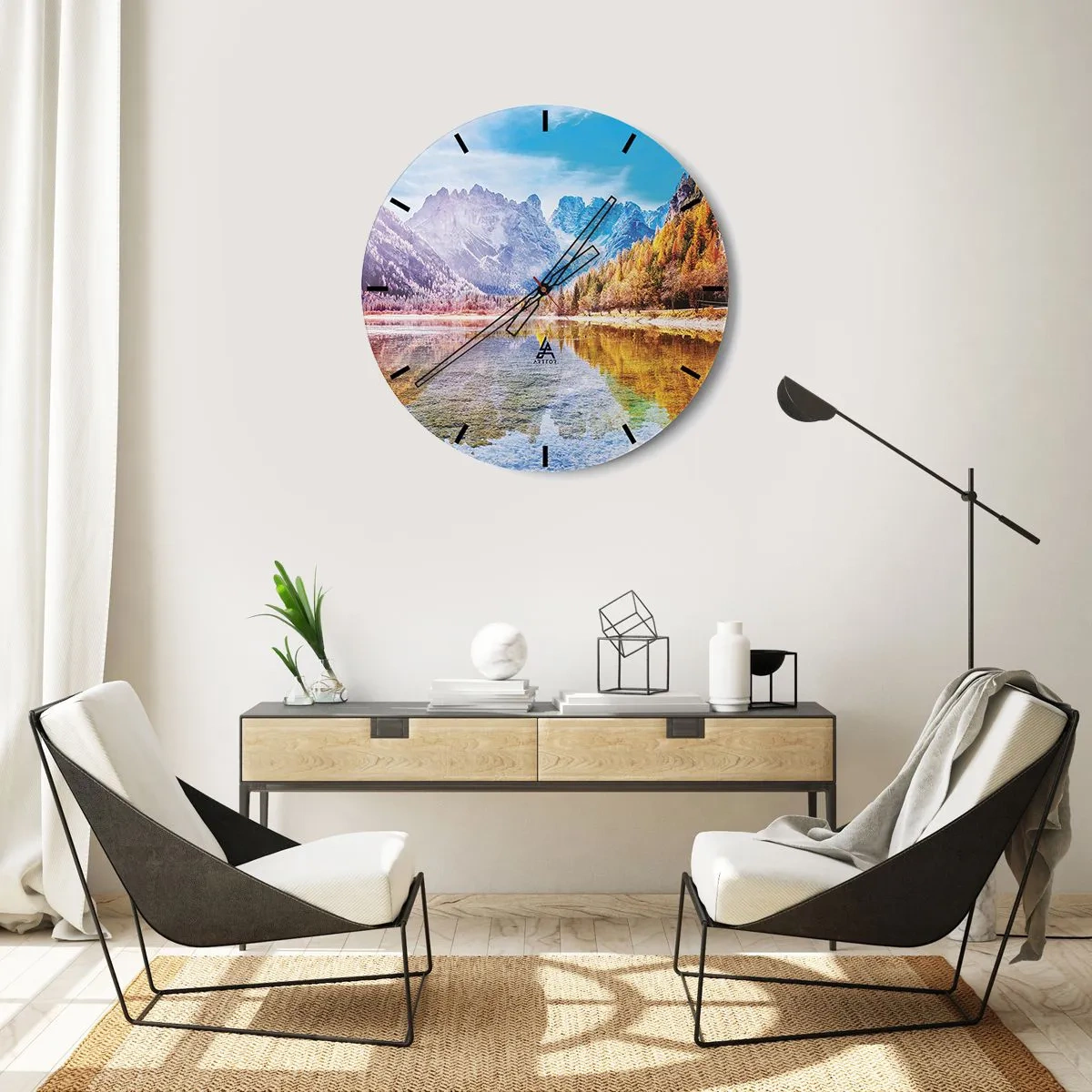 Wandklok - Klok - Een berglandschap met een herfstbos weerspiegeld in het wateroppervlak van het meer - 30x30cm - En het is al herfst in de bergen - Moderne wanddecoratie voor woonkamer, keuken en slaapkamer ARTTOR