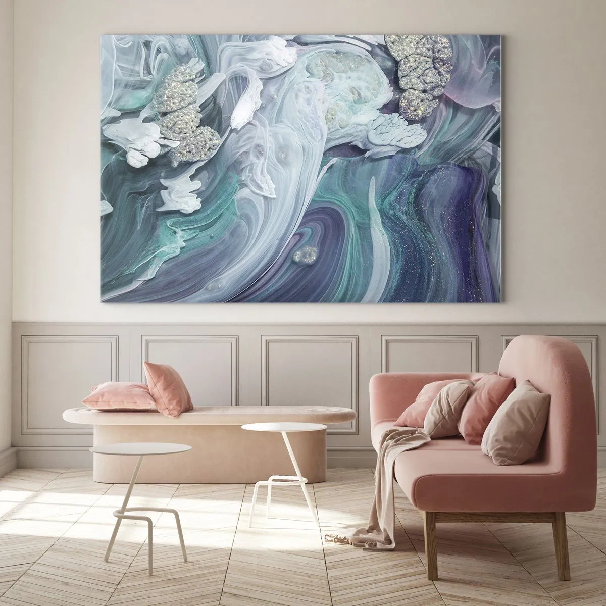 Schilderen op glas - Stromingen van hemelsblauw - 100x70 cm