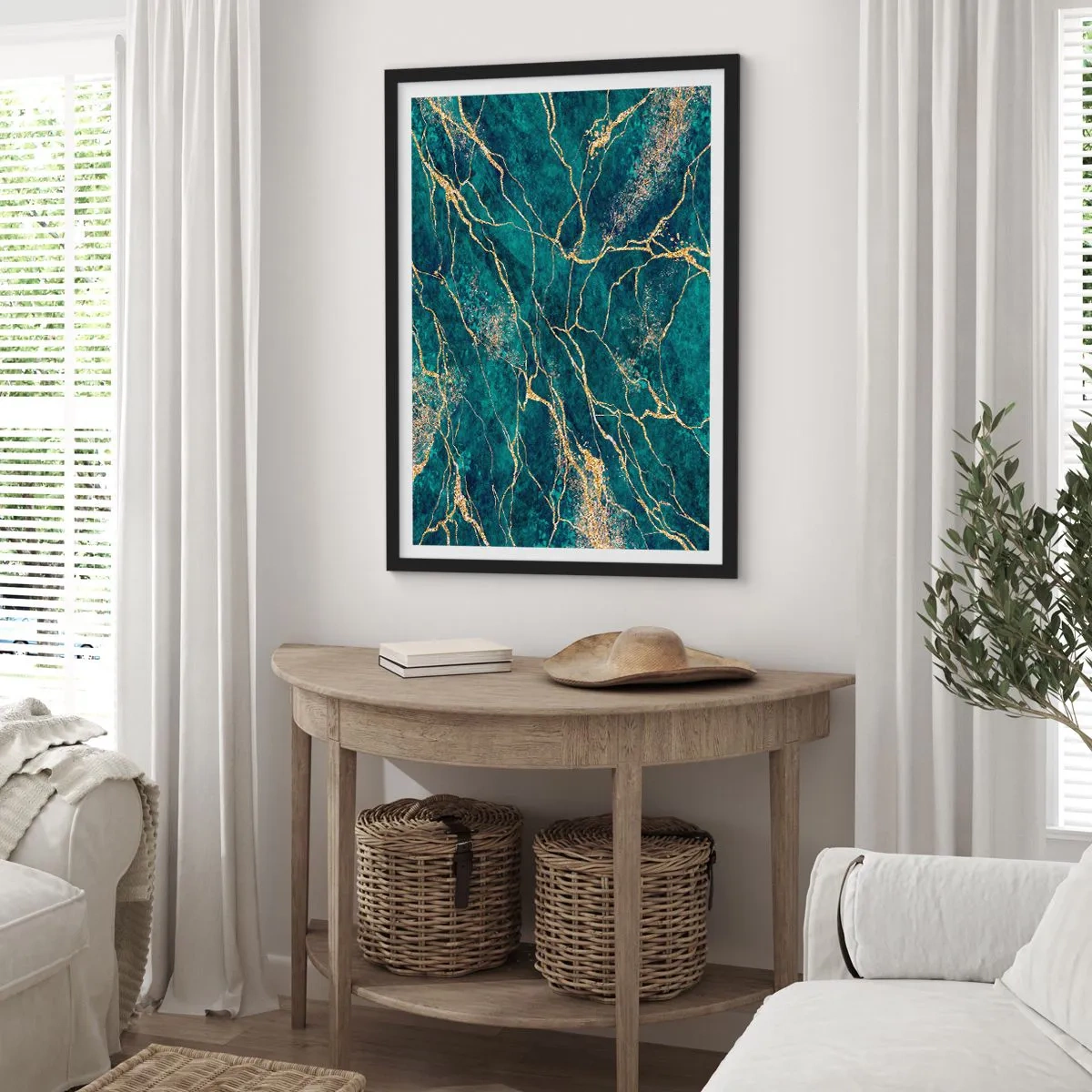 Poster in een zwarte lijst - Abstracte gouden aderen op een groene marmeren achtergrond - 50x70cm - Goudmijn - Moderne wanddecoratie voor woonkamer en slaapkamer ARTTOR