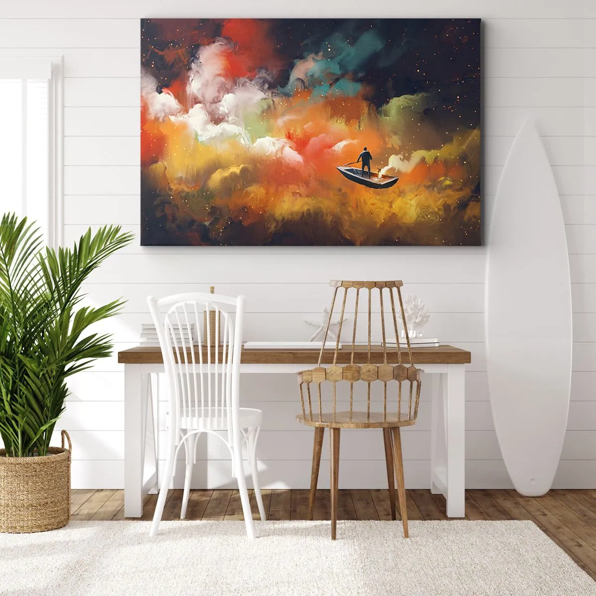 Schilderen op canvas - Een figuur in een boot tegen een achtergrond van kleurrijke wolken - 70x50cm - Met de boot door de sterrenstelsel - Moderne wanddecoratie voor woonkamer en slaapkamer ARTTOR