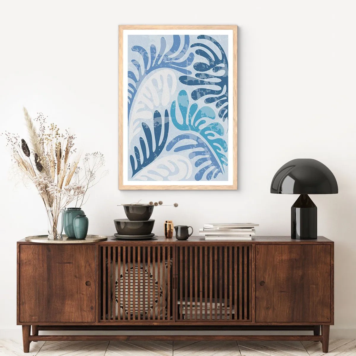 Een poster in een licht eiken lijst - Blauwe varens - 40x50 cm