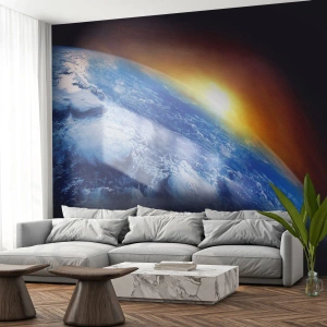 Fotobehang op maat Zelfklevend Deluxe Sticker - Zonsopgang boven de blauwe planeet - Abstractie, 3D, Kosmos