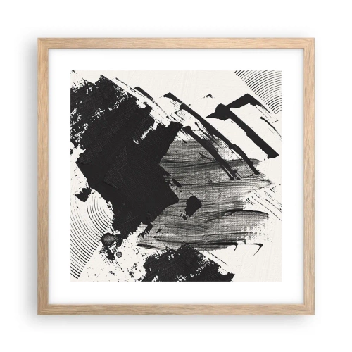 Een poster in een licht eiken lijst - Abstractie – expressie van zwart - 40x40 cm