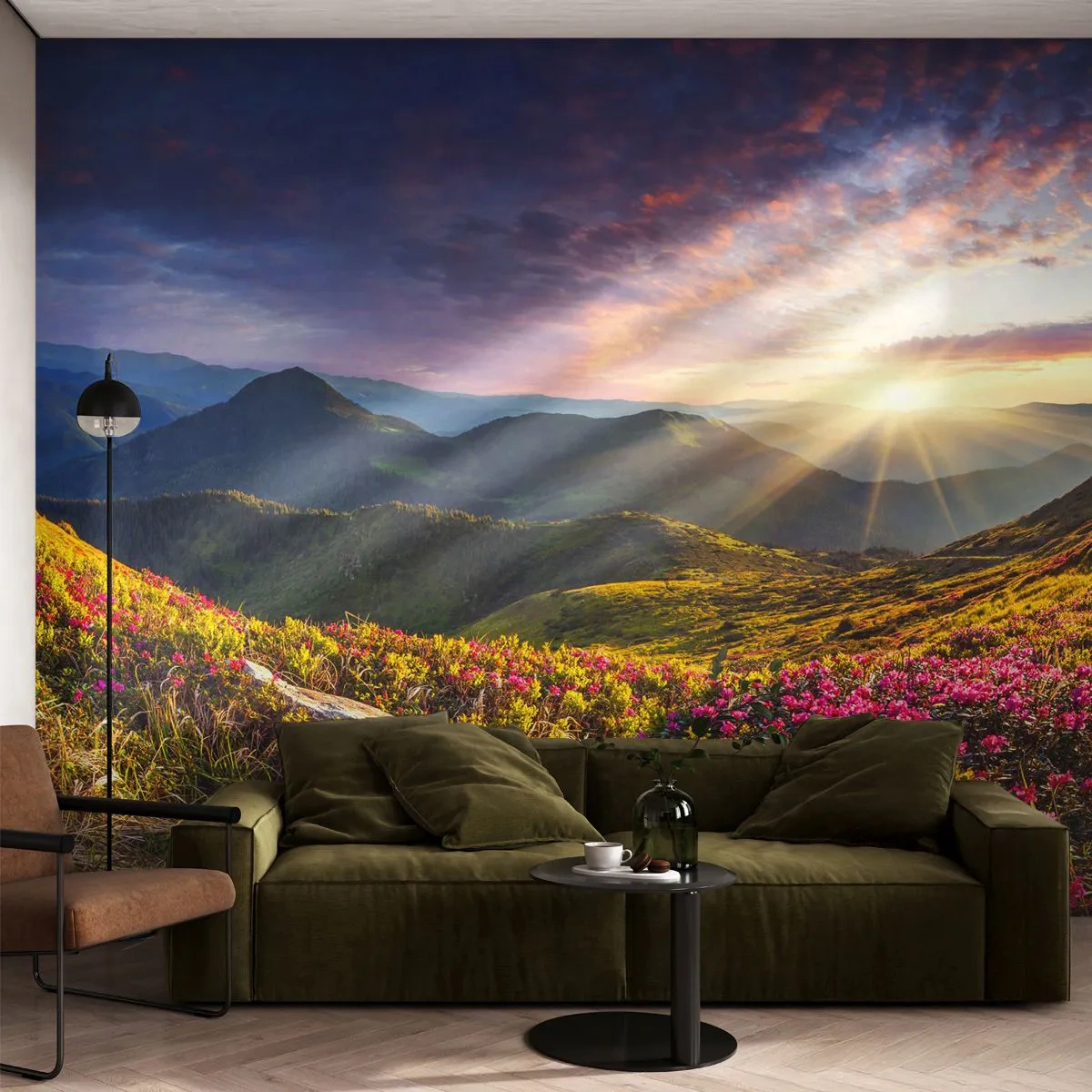 Fotobehang Premium Sand - Frisheid in de ochtend in de bergen - Landschap, Bergen, Bloemen - 100x70 cm