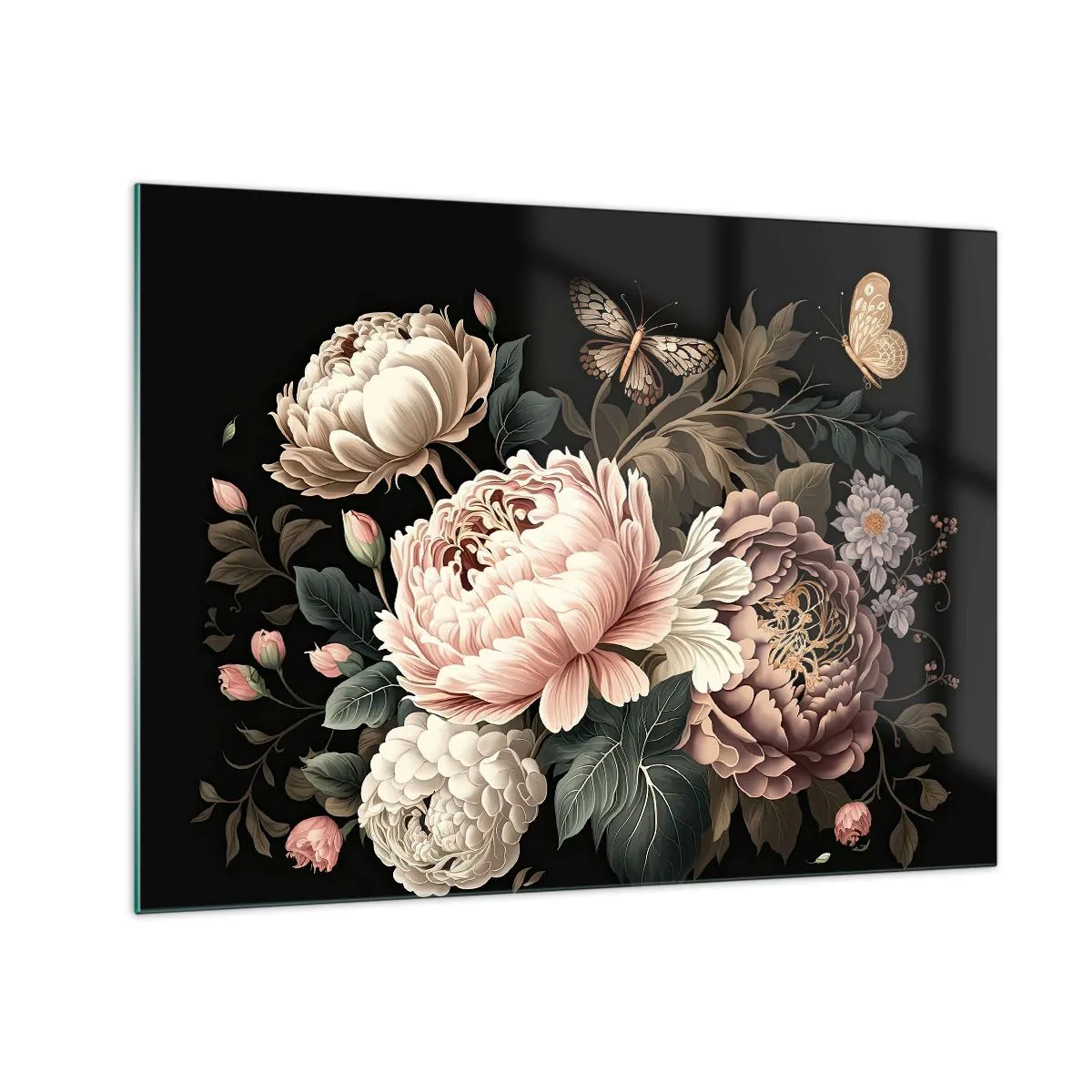 Schilderen op glas - Bloemencompositie met vlinders op een zwarte achtergrond - 70x50cm - In barokstijl - Moderne wanddecoratie voor woonkamer en slaapkamer ARTTOR