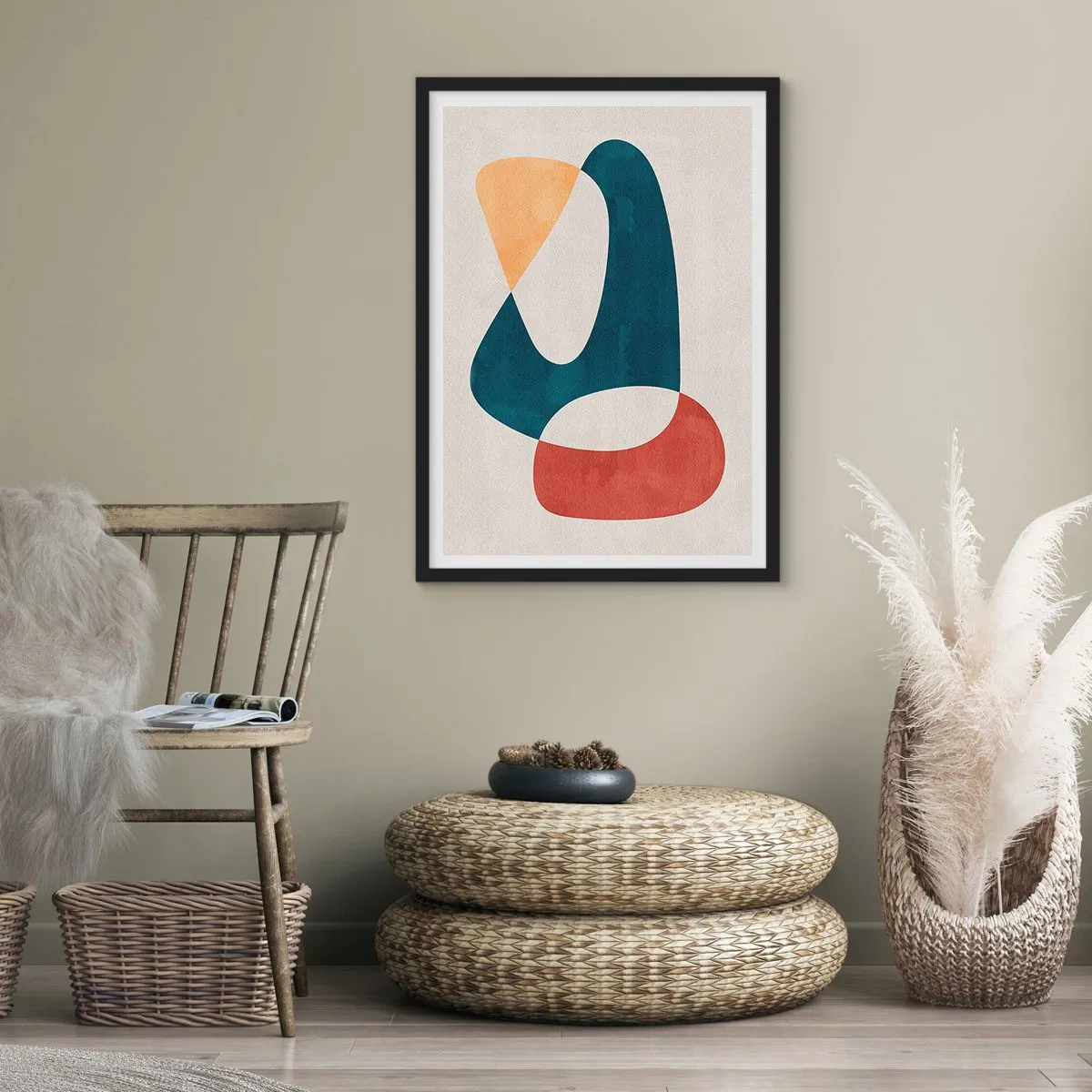 Poster in een zwarte lijst - Een abstracte compositie van geometrische vormen in warme kleuren. - 50x70cm - Invloeden en metamorfoses - Moderne wanddecoratie voor woonkamer en slaapkamer ARTTOR