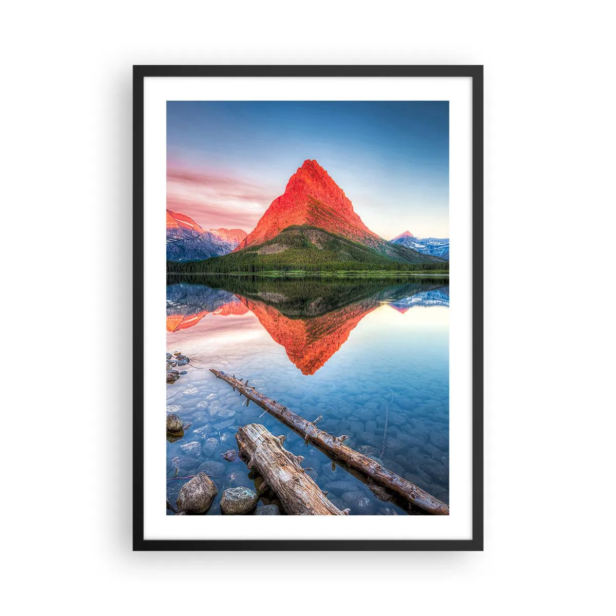 Poster in een zwarte lijst - Een berg weerspiegeld in een kalm meer - 50x70cm - Warmte en koude - Moderne wanddecoratie voor woonkamer en slaapkamer ARTTOR