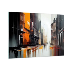 Schilderen op glas - Een straat in de regen met hoge gebouwen in warme kleuren - 70x50cm - Regenachtige dag - Moderne wanddecoratie voor woonkamer en slaapkamer ARTTOR
