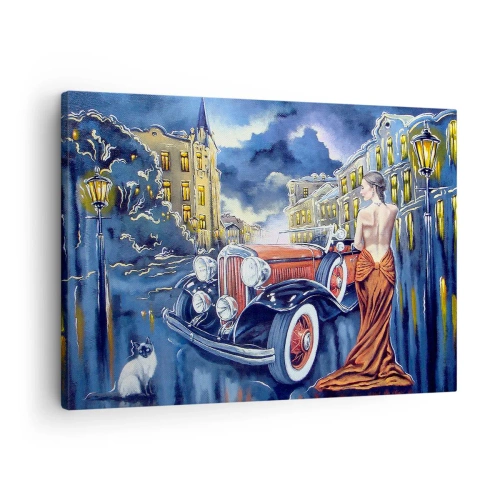 Schilderen op canvas - Een vrouw in een elegante jurk bij een retro-auto 's nachts - 70x50cm - Nocturne in blauw en koraal - Moderne wanddecoratie voor woonkamer en slaapkamer ARTTOR