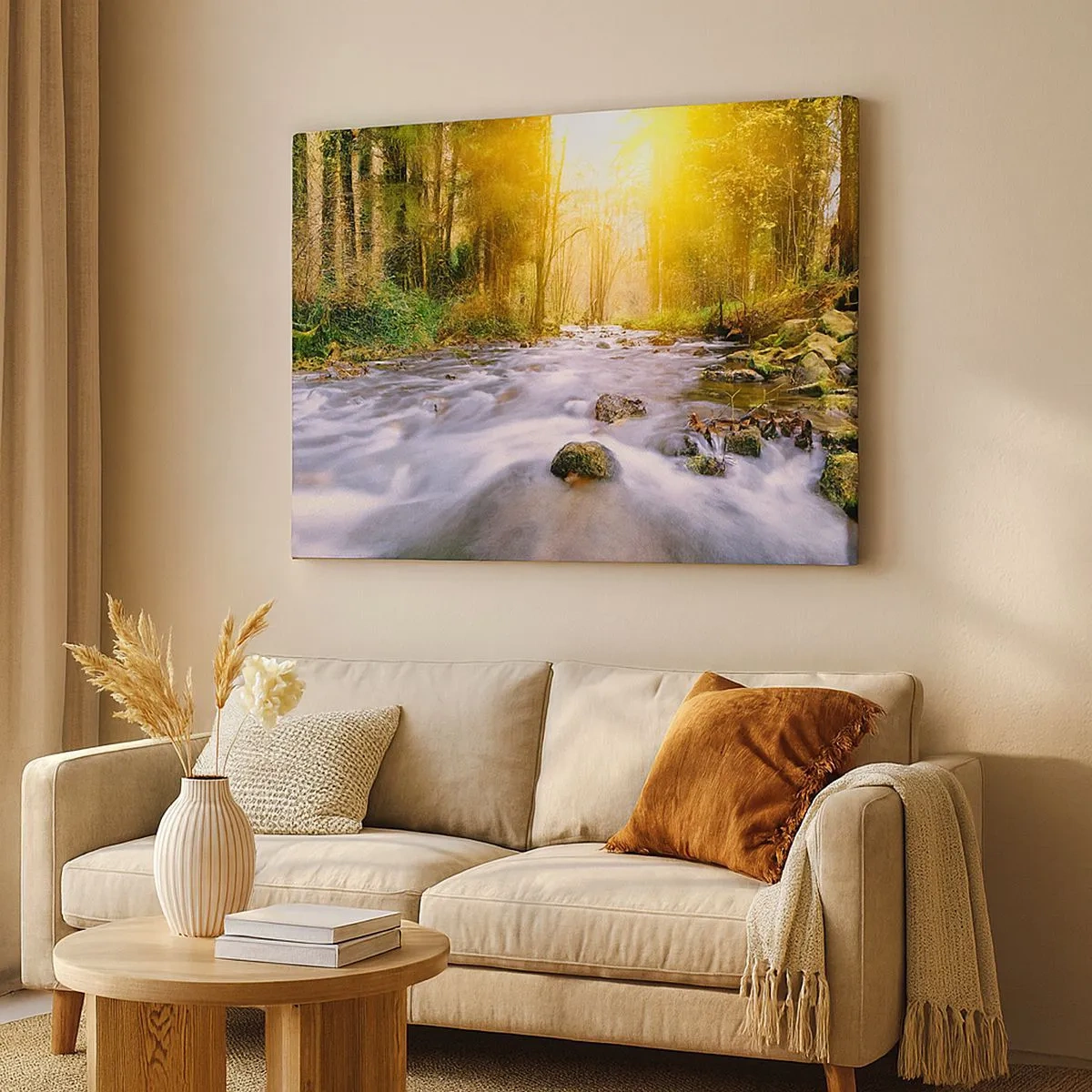 Schilderen op canvas - Een bosbeek verlicht door de zonnestralen - 70x50cm - Malachiet in een zilveren en gouden lijst - Moderne wanddecoratie voor woonkamer en slaapkamer ARTTOR