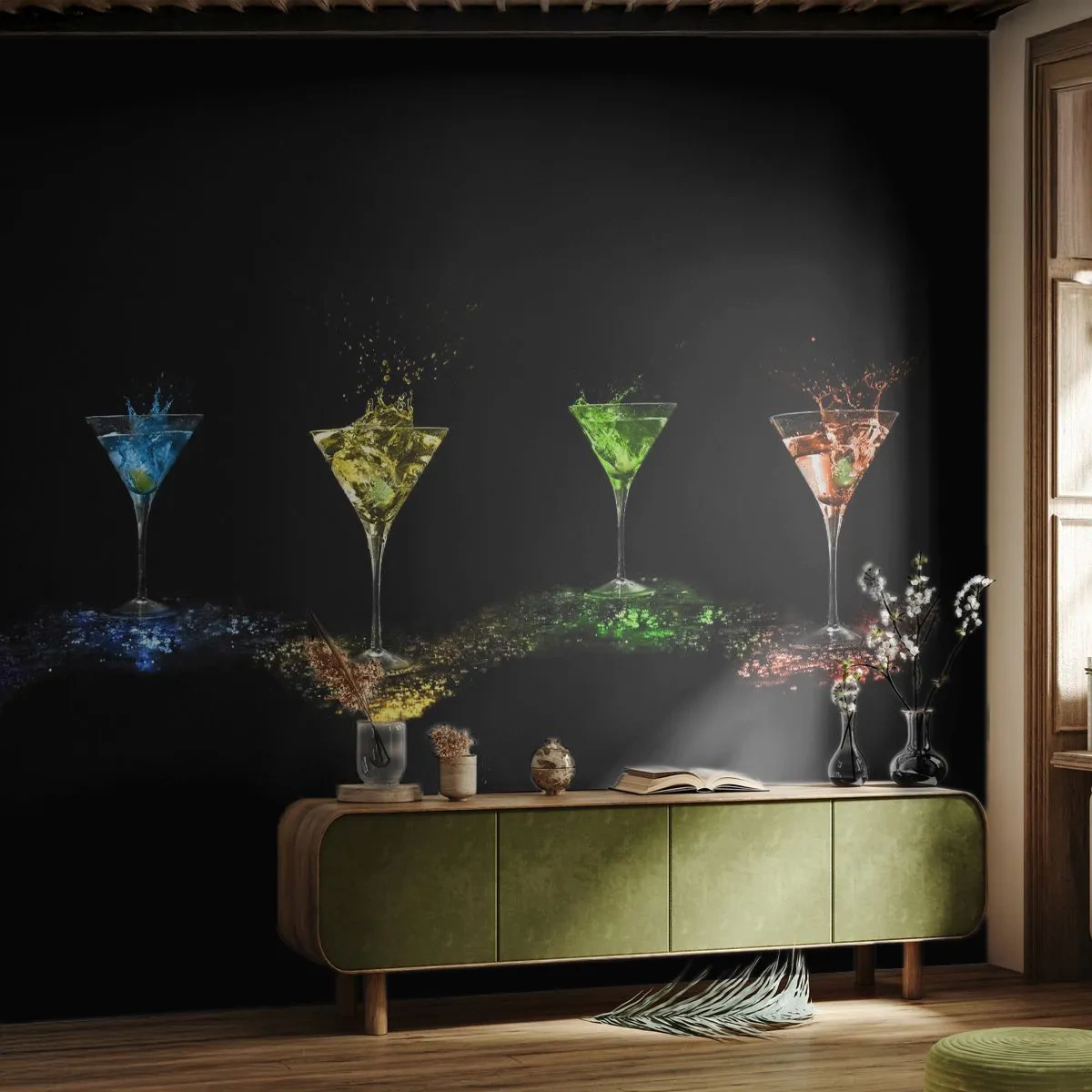 Fotobehang Premium Sand - Kleuren van vreugde in kristalglas - Gastronomie, Cocktail, Kleurrijk drankje - 100x70 cm