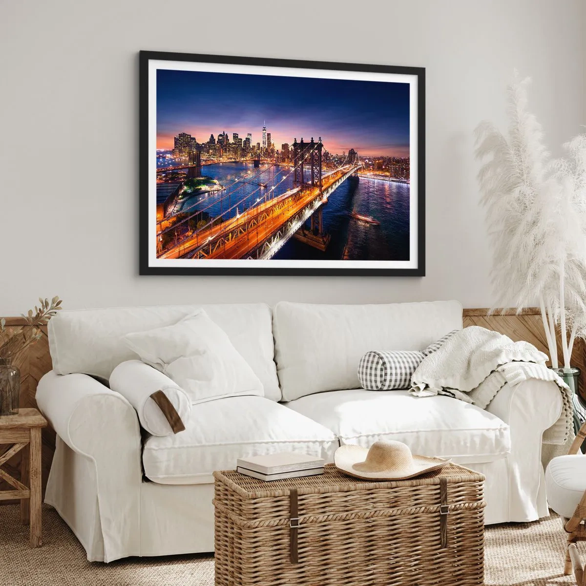 Poster in een zwarte lijst - Een stralende brug naar het hart van de stad - 70x50 cm