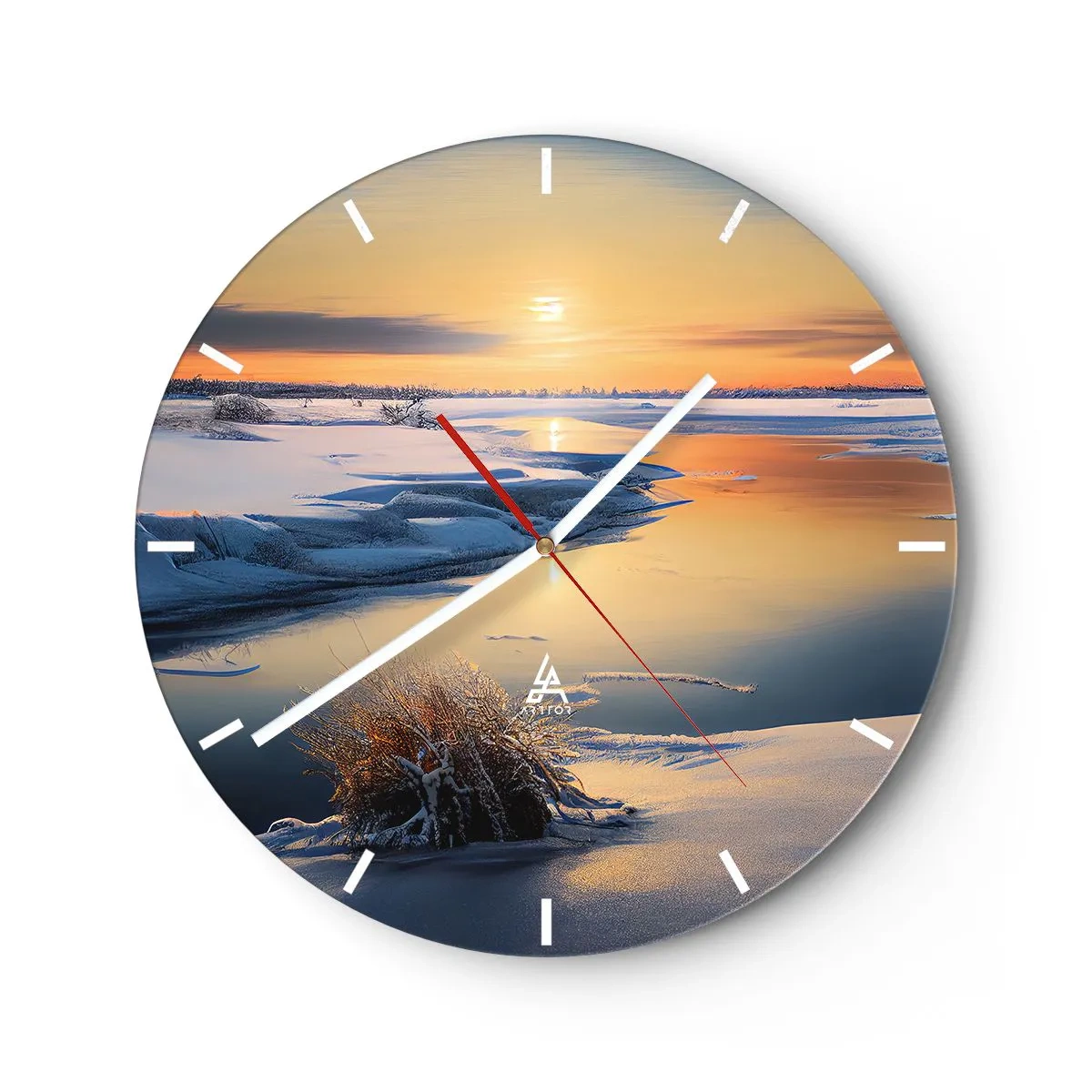 Wandklok - Klok - Winterlandschap met een rivier en de ondergaande zon - 30x30cm - Winterse zonsondergang - Moderne wanddecoratie voor woonkamer, keuken en slaapkamer ARTTOR