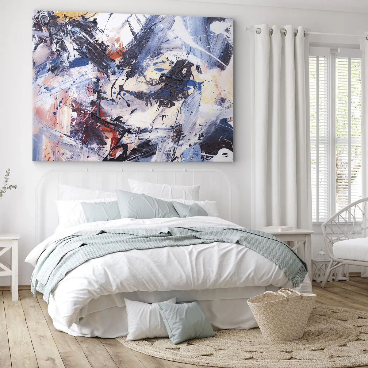 Schilderen op canvas - Abstractie met dynamische penseelstreken in blauw en rood. - 70x50cm - Gekke dans van abstractie - Moderne wanddecoratie voor woonkamer en slaapkamer ARTTOR