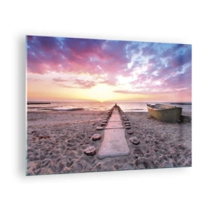 Schilderen op glas - Zonsondergangstrand met boot en pier - 70x50cm - Een moment van diepe ervaring - Moderne wanddecoratie voor woonkamer en slaapkamer ARTTOR