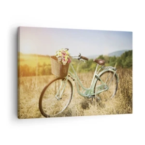 Schilderen op canvas - Een retrofiets met een mand vol bloemen tegen een achtergrond van een weide. - 70x50cm - Ik blijf hier nog even - Moderne wanddecoratie voor woonkamer en slaapkamer ARTTOR