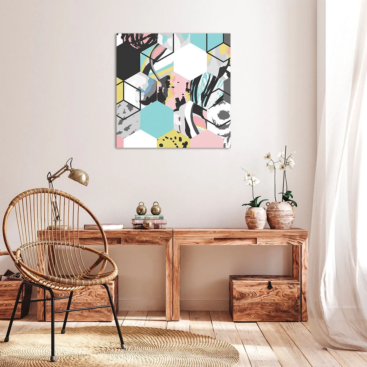 Schilderen op canvas - Zeshoeken en kubussen in zes kleuren - 60x60 cm