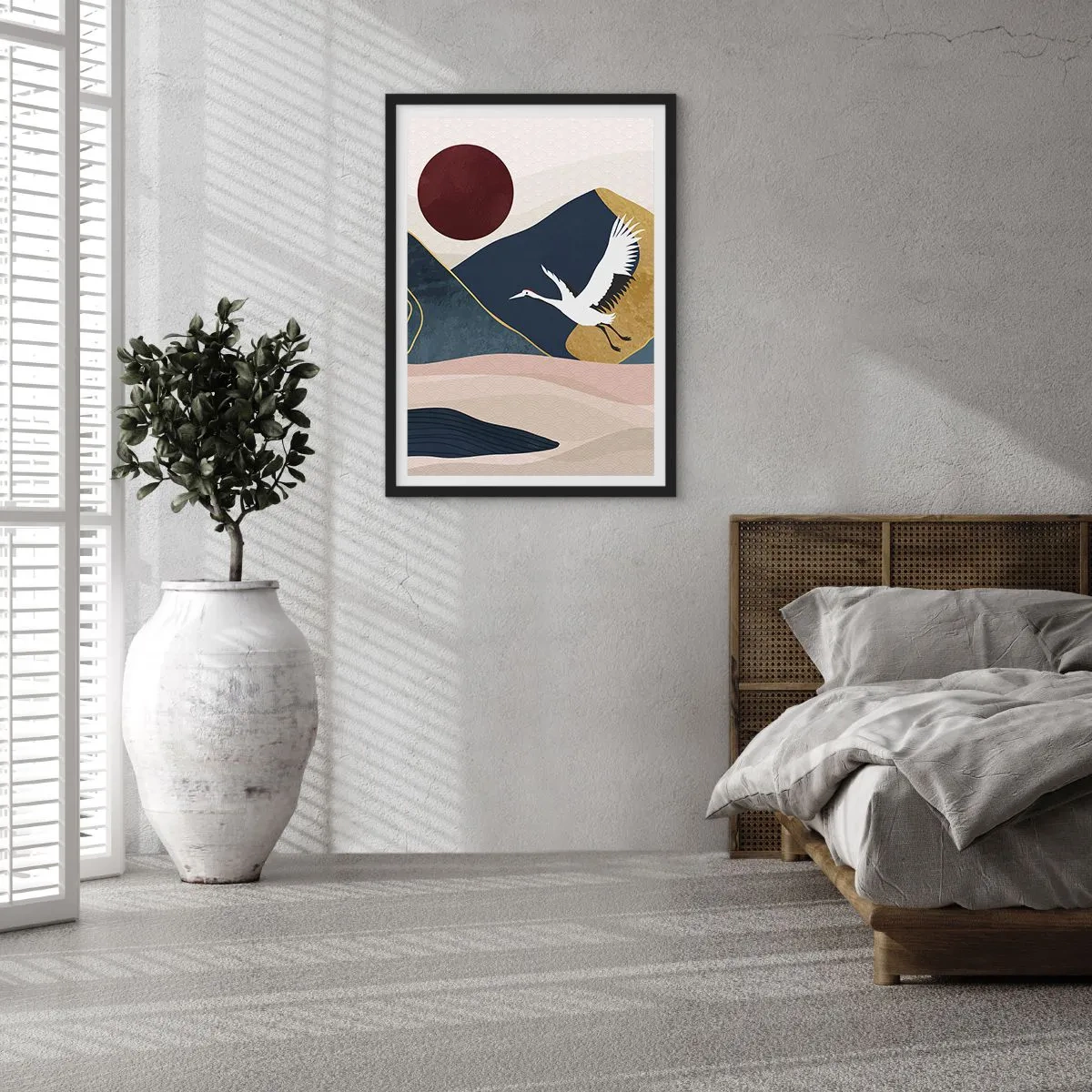 Poster in een zwarte lijst - Minimalistische afbeelding met een kraan en een berglandschap - 50x70cm - Het is weer een dag GEGAAN - Moderne wanddecoratie voor woonkamer en slaapkamer ARTTOR