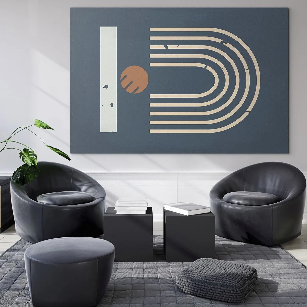 Schilderen op glas - Geometrische retrocompositie op een donkere achtergrond - 70x50cm - Geometrie op de granaatappel - Moderne wanddecoratie voor woonkamer en slaapkamer ARTTOR