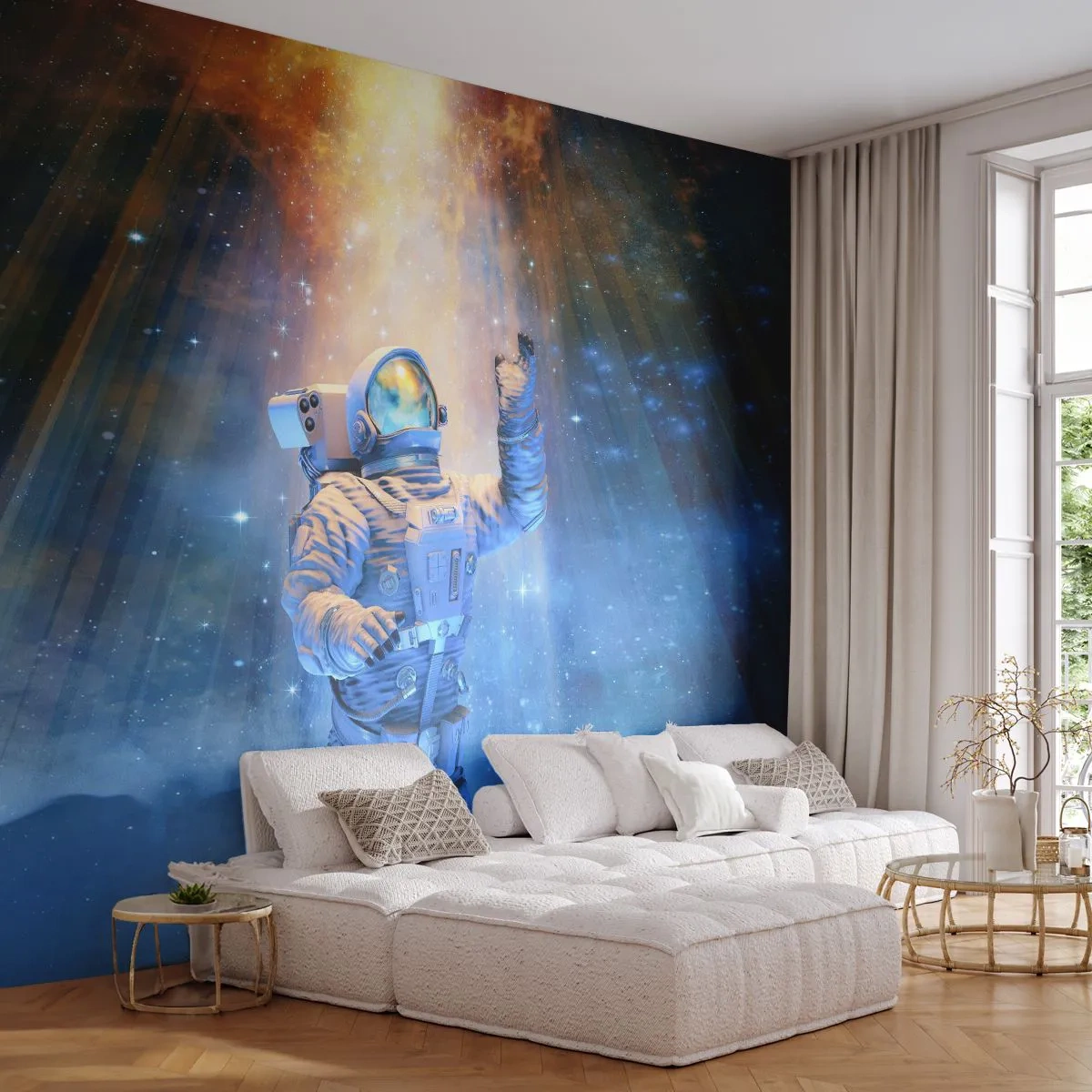 Fotobehang Premium Sand - Eindelijk aan het einde - Abstractie, Astronaut, Kosmos - 150x105 cm
