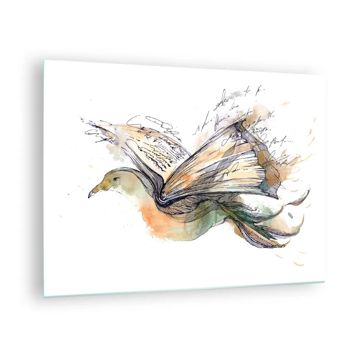 Schilderen op glas - Een vogel uit een uitgerold boek, een artistieke metafoor voor kennis - 70x50cm - Op de vleugels van poëzie - Moderne wanddecoratie voor woonkamer en slaapkamer ARTTOR