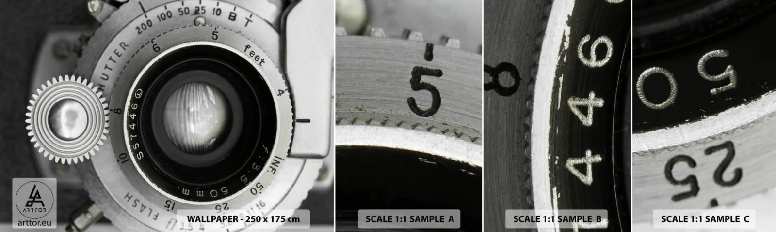 Fotobehang Staaltje Standard Eco - Een verhaal over Hollywood - Camera, Zwart en wit, Vintage - 100x30 cm