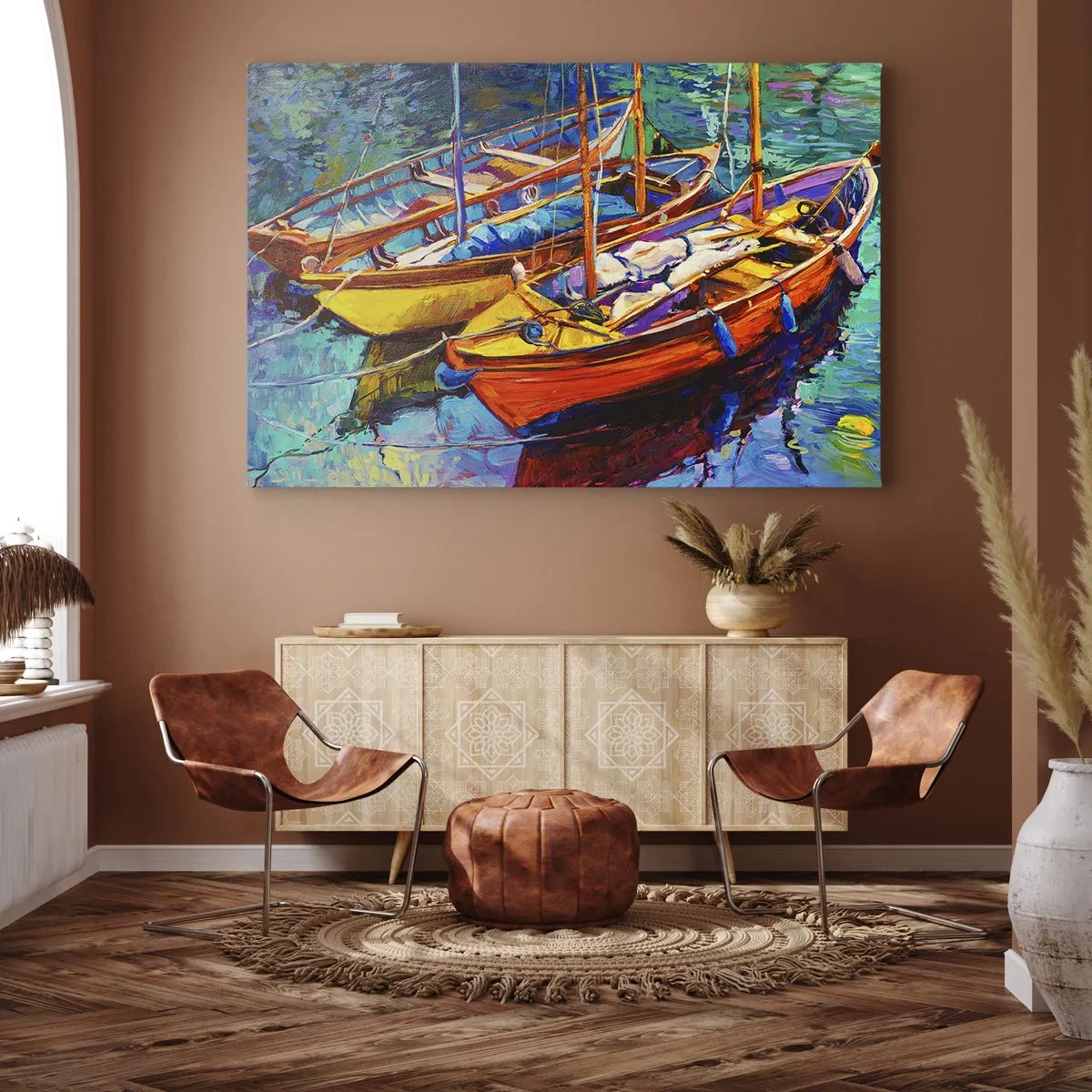 Schilderen op canvas - Kleurrijke boten op kalm water - 70x50cm - Op water vol met kleuren - Moderne wanddecoratie voor woonkamer en slaapkamer ARTTOR