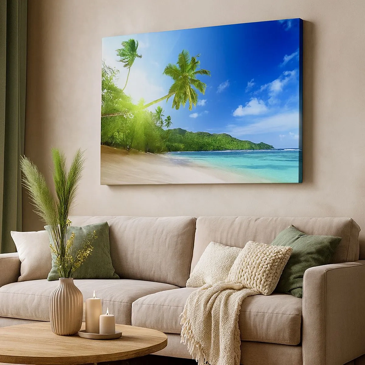 Schilderen op canvas - Tropisch strand met palmbomen en turquoise zee - 70x50cm - De zachte aanraking van de tropen - Moderne wanddecoratie voor woonkamer en slaapkamer ARTTOR