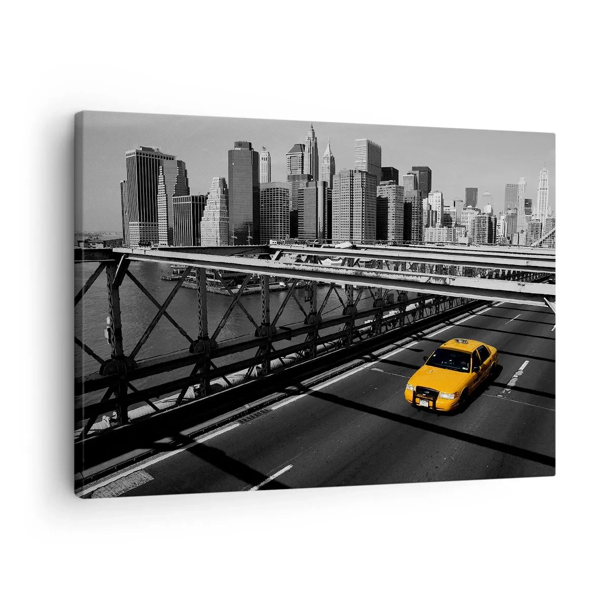 Schilderen op canvas - Gele taxi op een brug met uitzicht op de skyline van New York - 70x50cm - De kleur van een grote stad - Moderne wanddecoratie voor woonkamer en slaapkamer ARTTOR