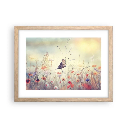 Een poster in een licht eiken lijst - Vogelportret met een weiland op de achtergrond - 40x30 cm